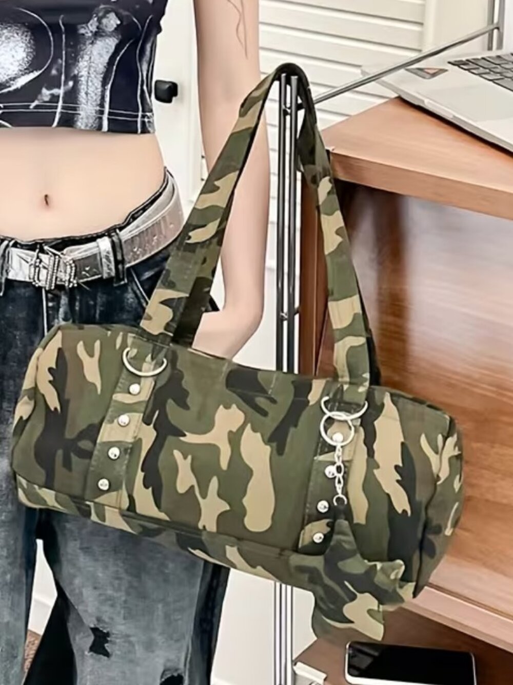 Camo Barrel Tote Bag - Olive Green Military Print